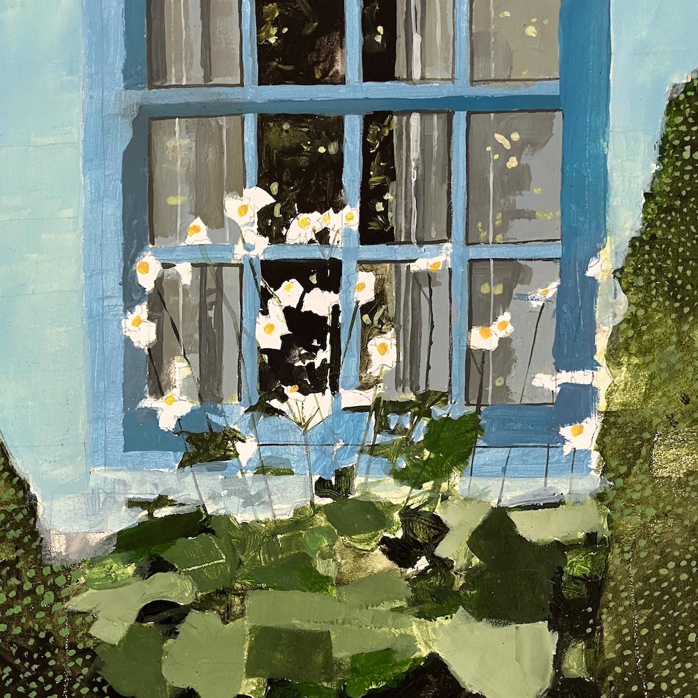 Blue cottage window with daisies