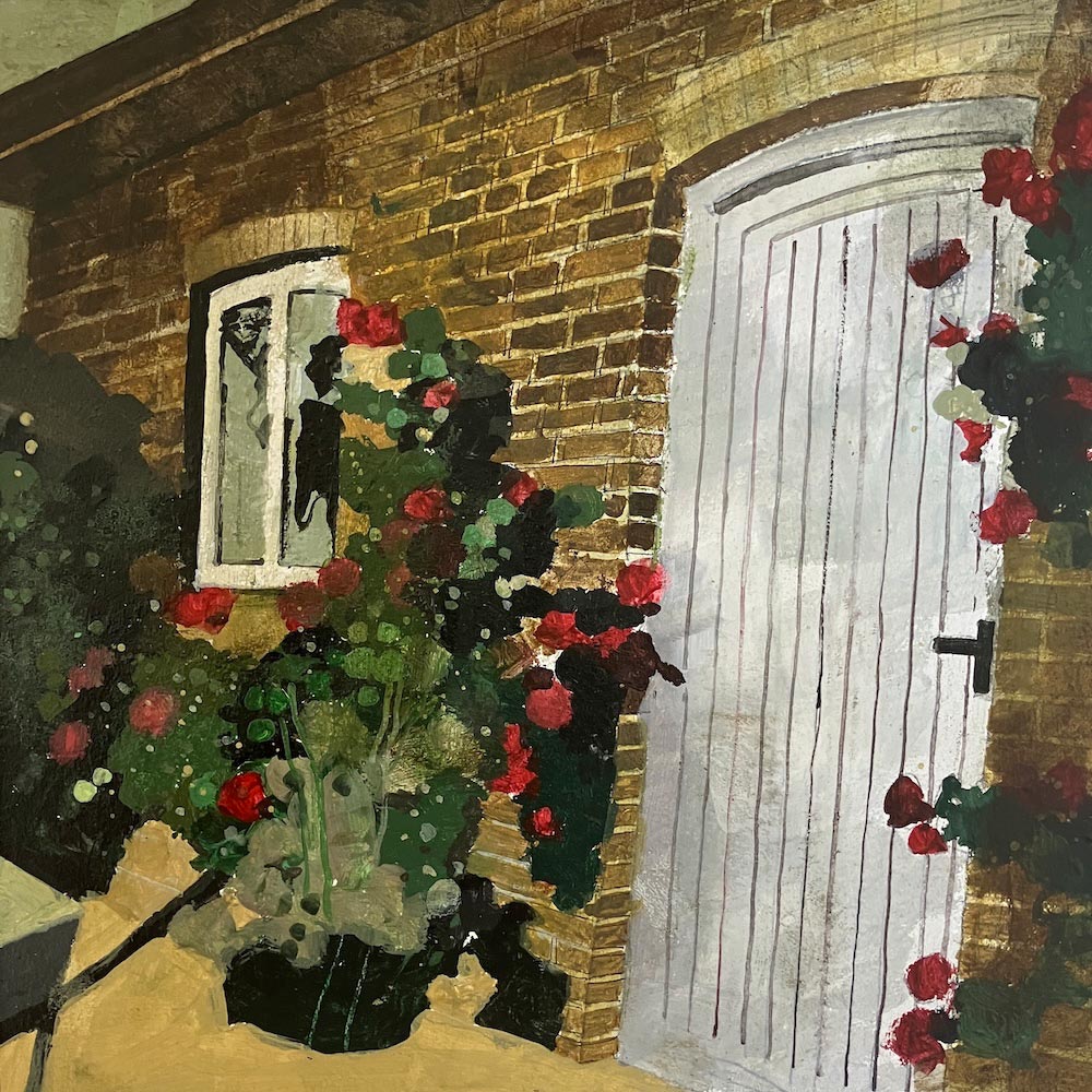 Gardeners hut with rambling rose 3.8.26 By Julian Sutherland-Beatson