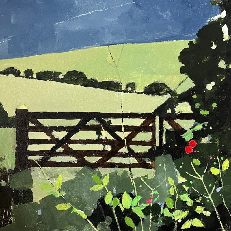 An impressionistic landscape painting featuring a dark brown wooden gate in the foreground, green fields and bushes, and a deep blue sky.