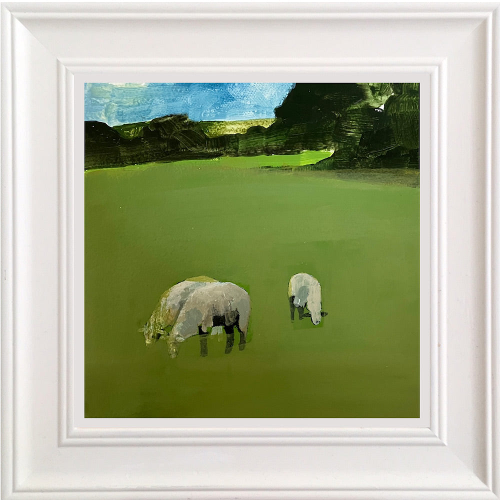 Three sheep with downland beyond 9.7.25 By Julian Sutherland-Beatson