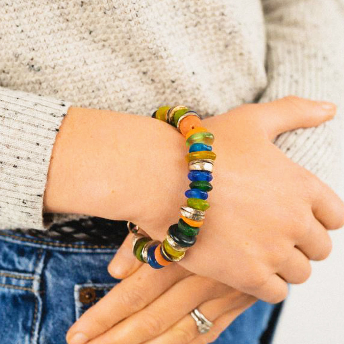 African Recycled Glass Bead Disc Bracelet