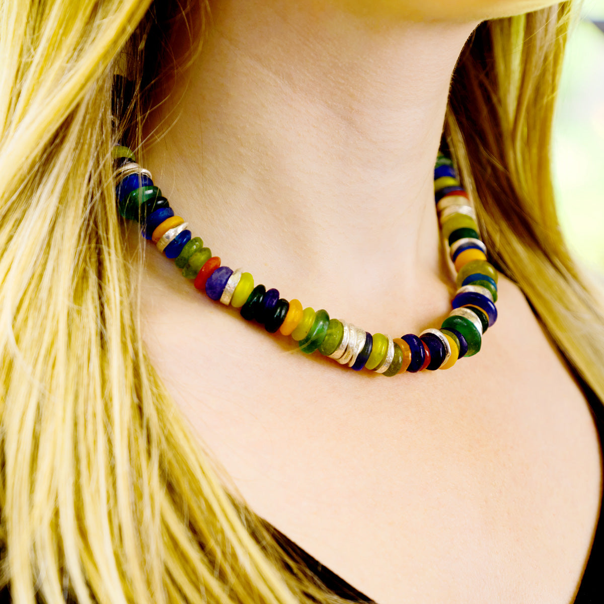 African Recycled Glass Bead Disc Necklace