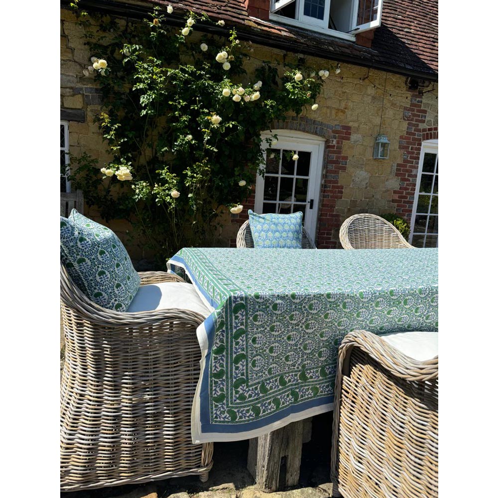 Blue & Green Trellis Cotton Tablecloth