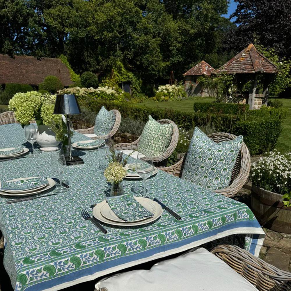 Blue & Green Trellis Cotton Tablecloth