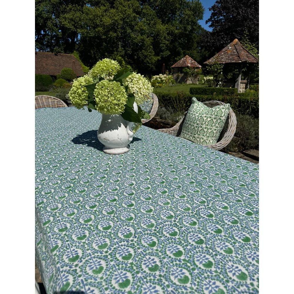 Blue & Green Trellis Cotton Tablecloth