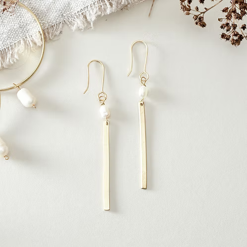 Brass Pearl Bar Earrings