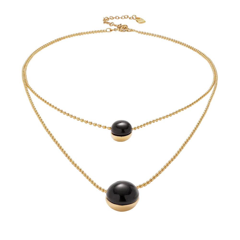 Gold necklace with black beads on a white background
