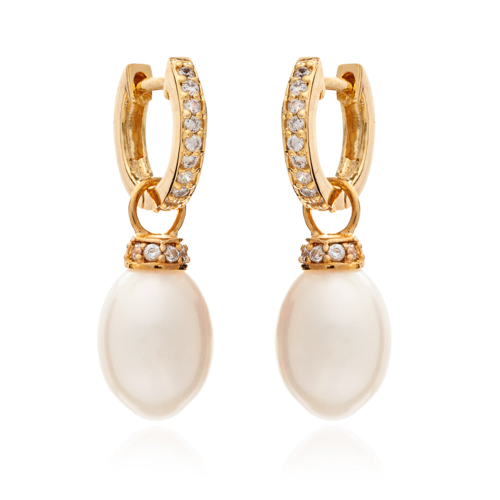 Gold Sparkle Hoop & White Pearl Drop Earrings