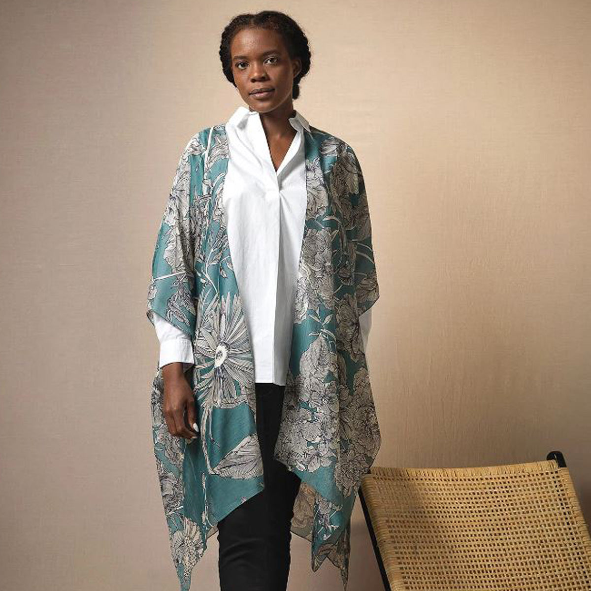 Etched Floral Teal Kimono Wrap Around