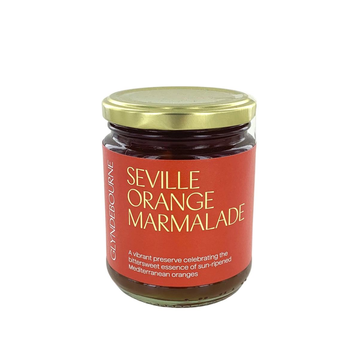 A glass jar of Seville Orange Marmalade with a red label and a gold metal lid, set against a plain white background.