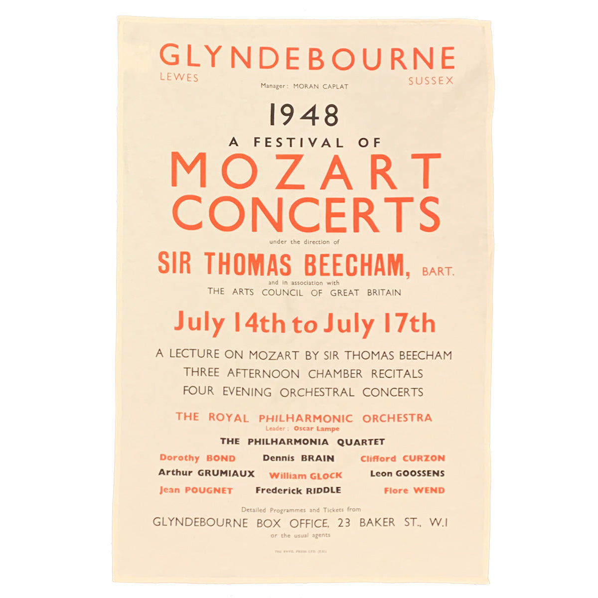 Glyndebourne Mozart Concerts 1948 Poster Tea Towels Glyndebourne Shop