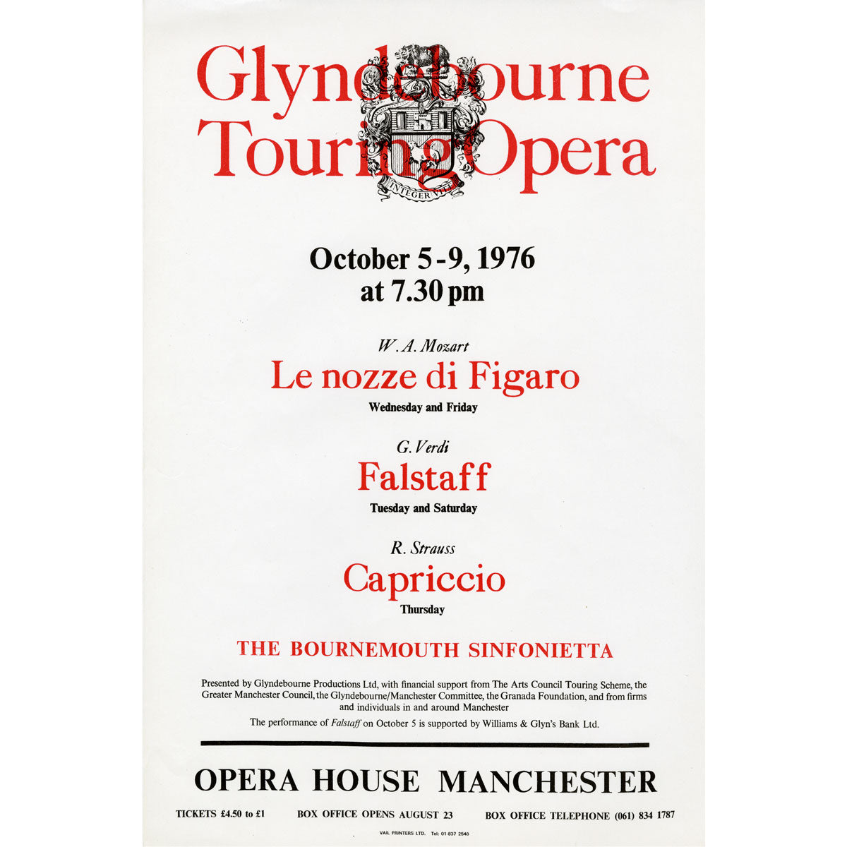 Glyndebourne Touring Opera from Opera House Manchester Poster 1976