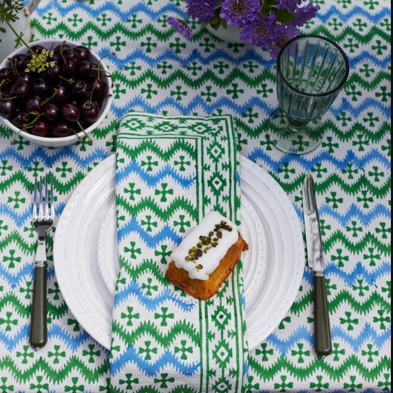 Green & Blue Zigzag Cotton Tablecloth