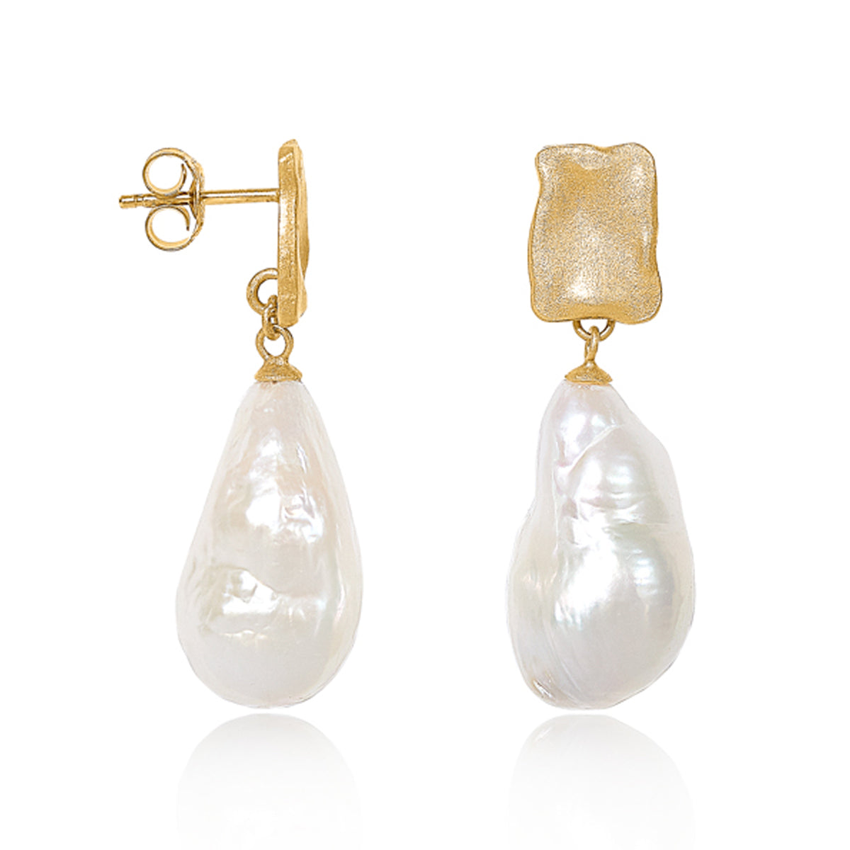 Large White Baroque Pearl & Gold Stud Drop Earrings Glyndebourne Shop