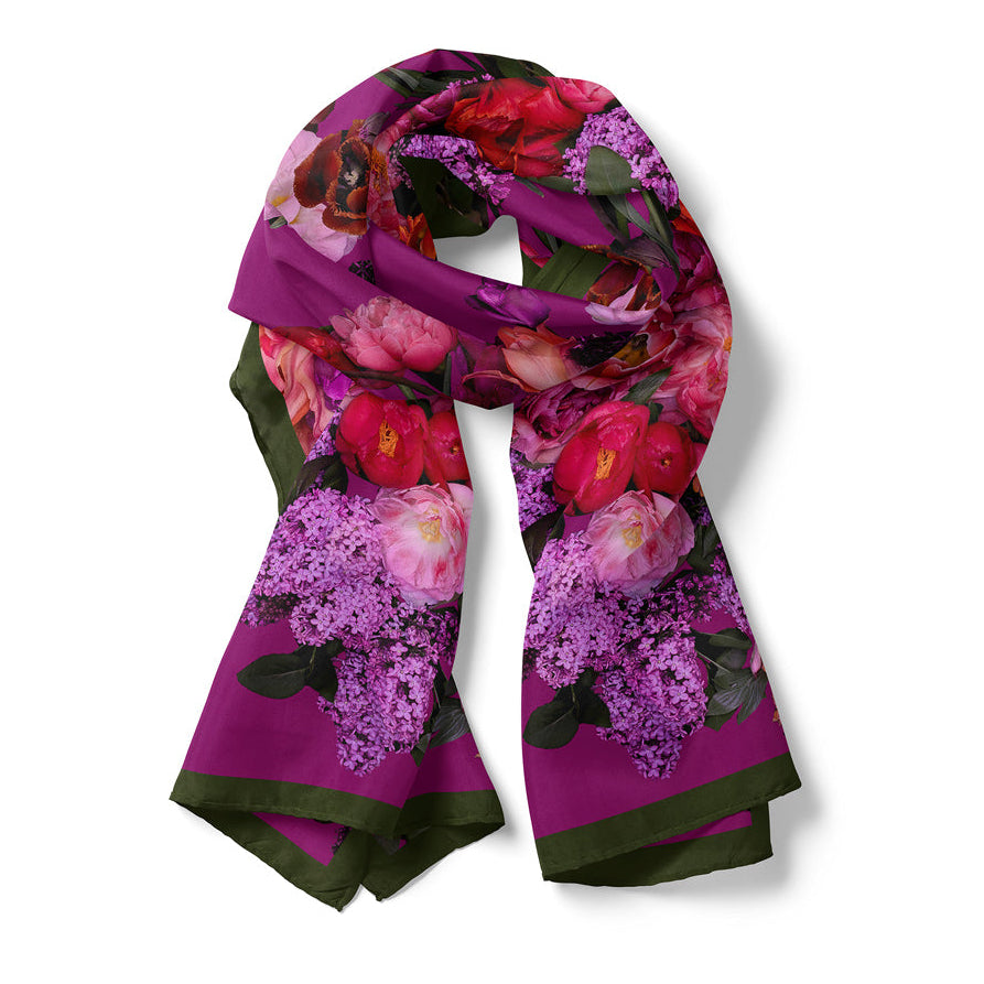 Lilacs Peonies & Tulips Long Green Border Silk Scarf