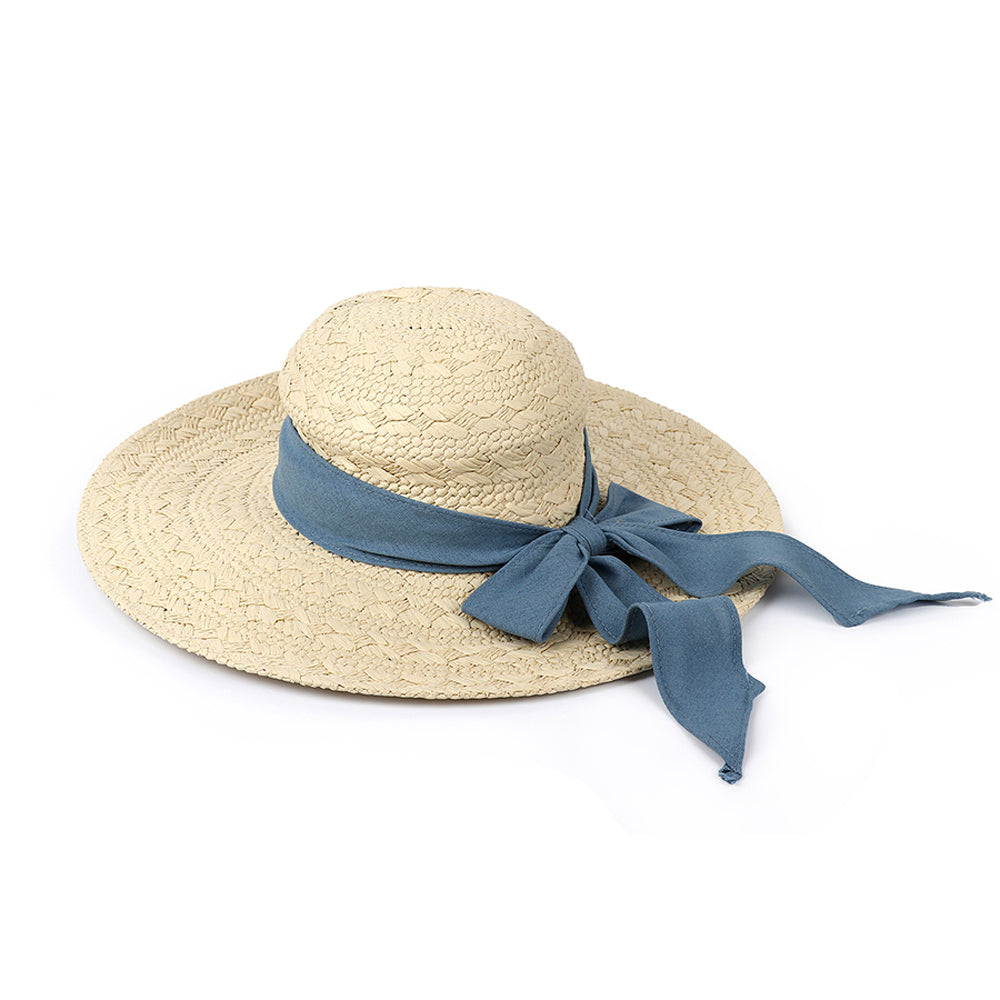 Natural Pale Sun Hat & Blue Bow Trim