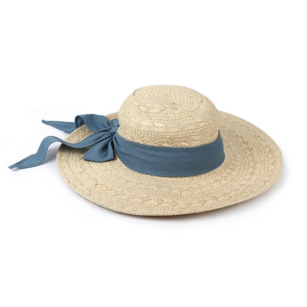 Natural Pale Sun Hat & Blue Bow Trim