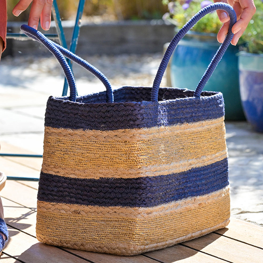 Navy & Natural Stripe Square Jute Bag