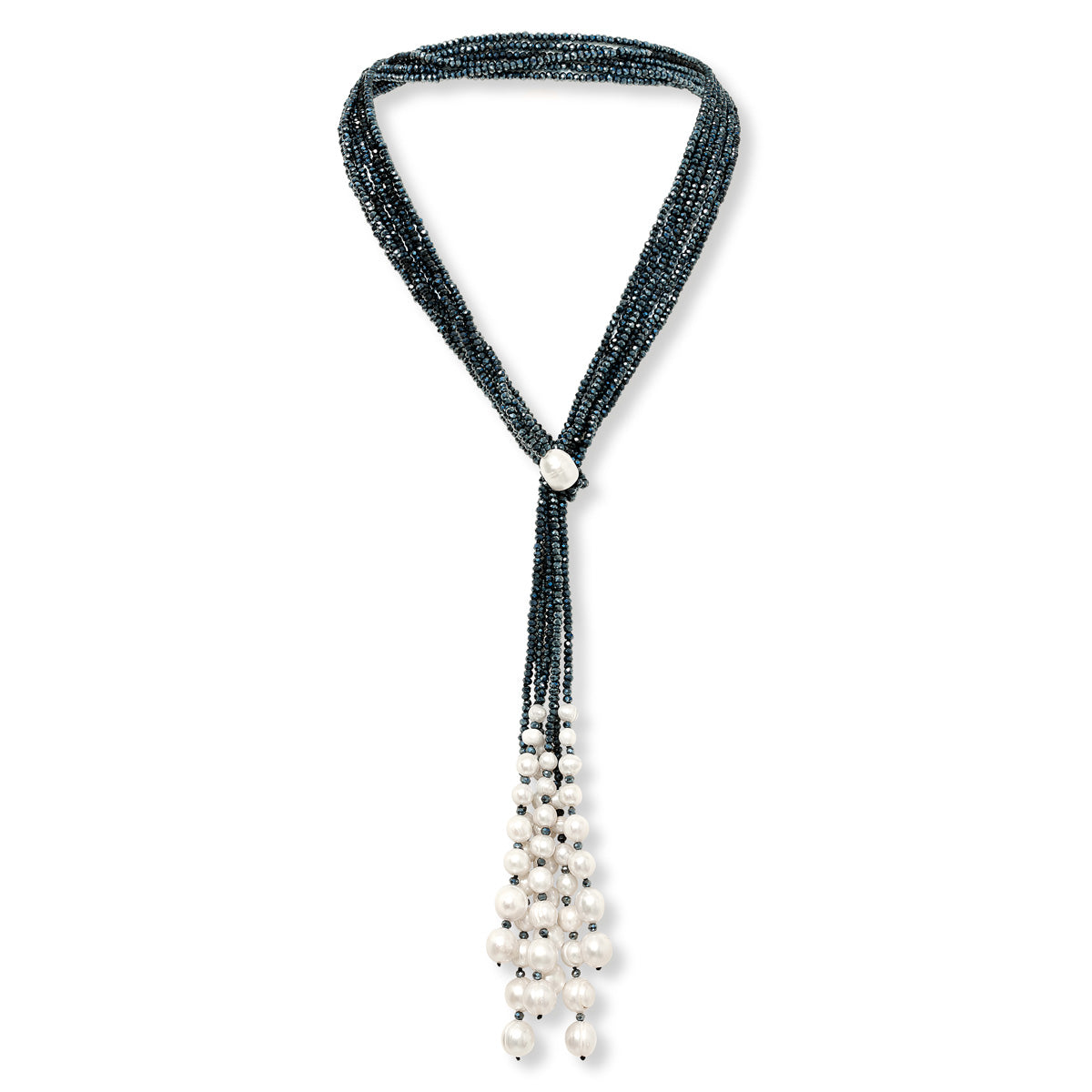 Tiny Navy Crystals & Pearl Lariat Necklace