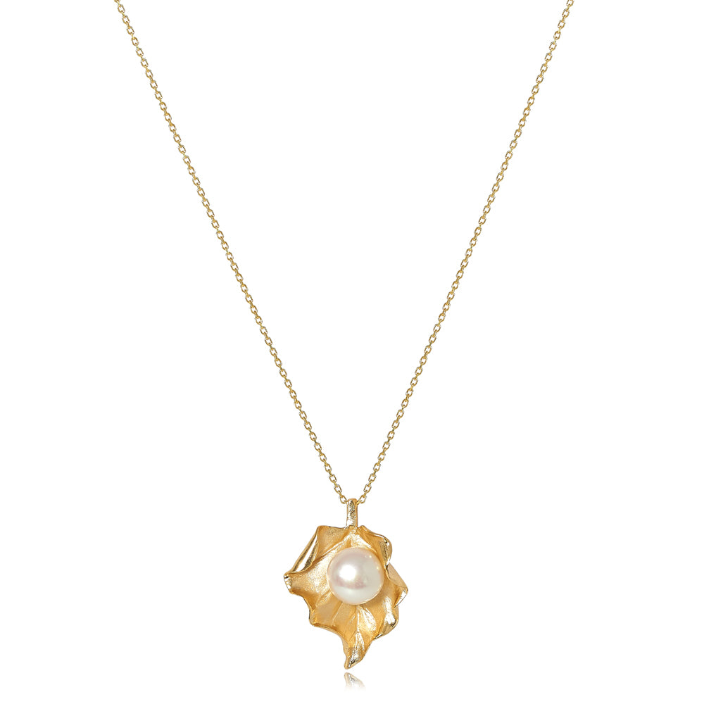 Cultured Freshwater Pearl Leaf Necklace In Gold Plated Silver