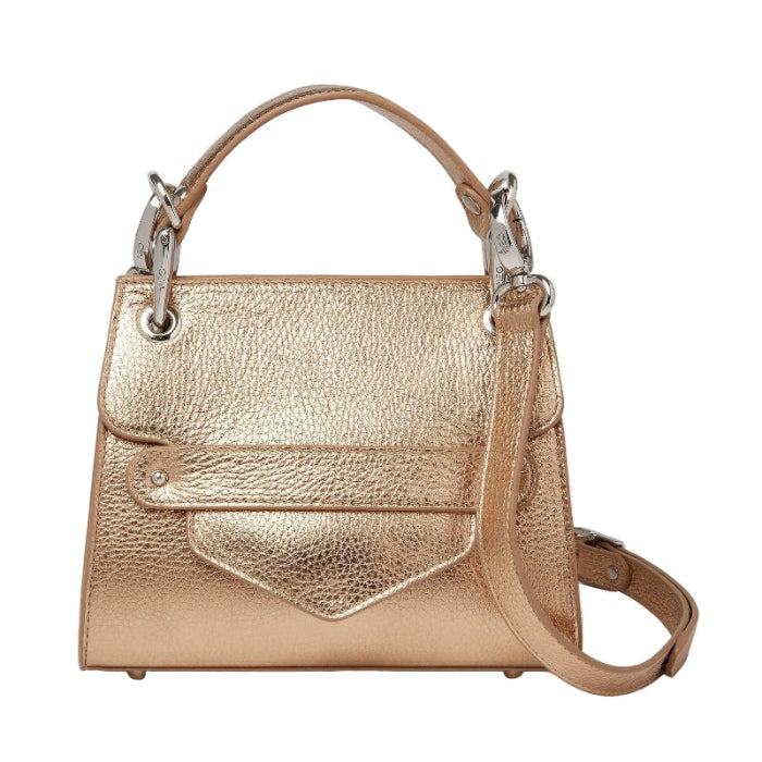 Gold handbag with a shoulder strap on a white background