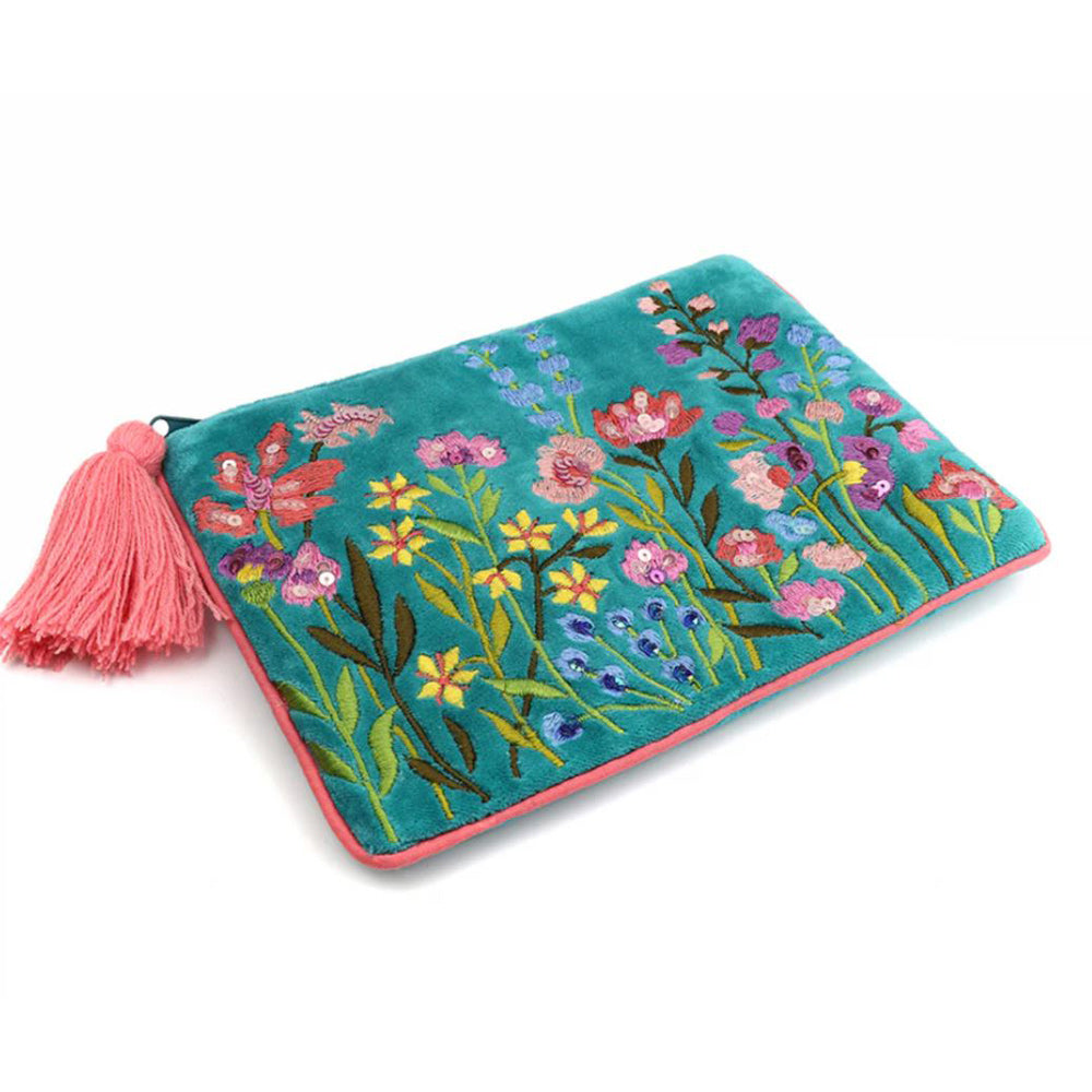 Turquoise Velvet Floral Embellished Purse