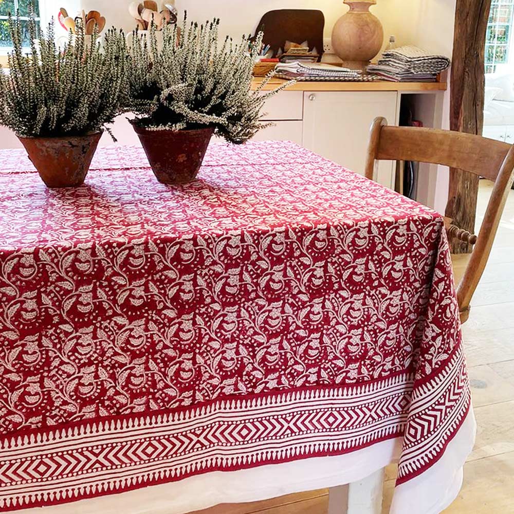 Red Floral Cotton Tablecloth