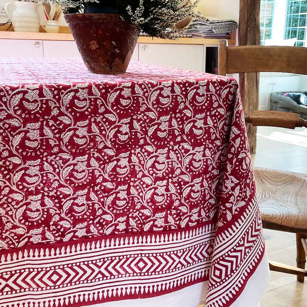 Red Floral Cotton Tablecloth
