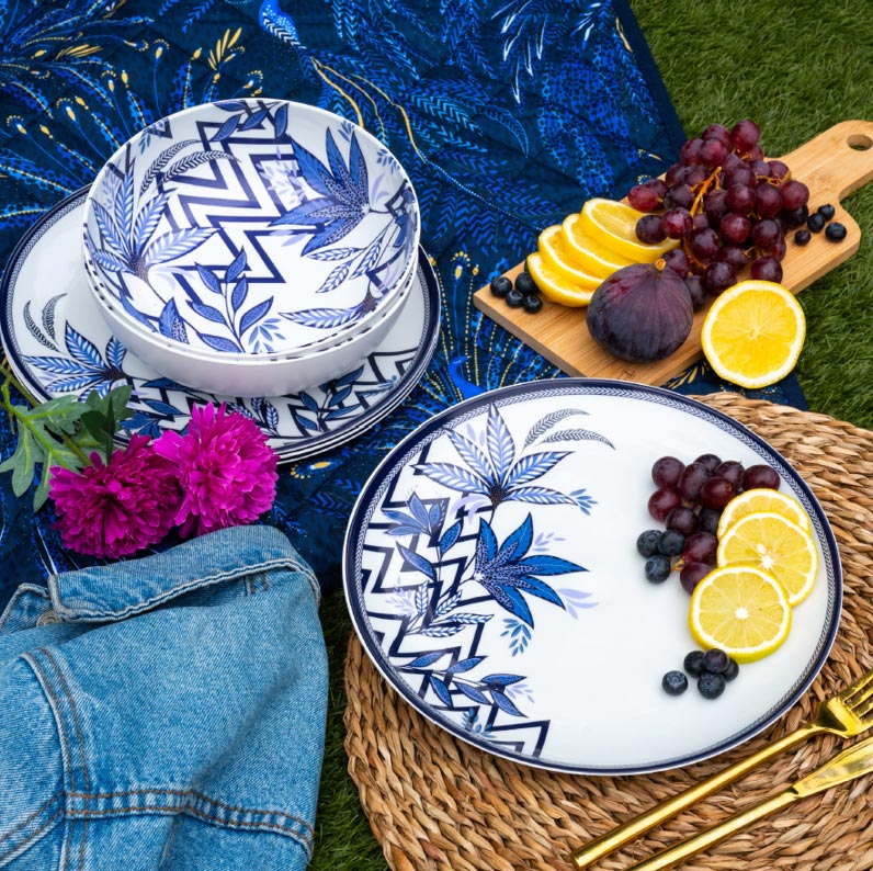 Indigo Cascading Leaves Picnic Plate