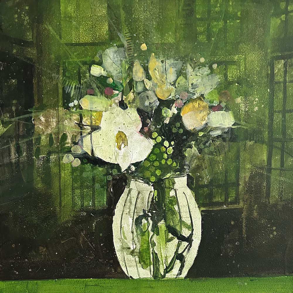 Flower vase in old green room by Julian Sutherland-Beatson