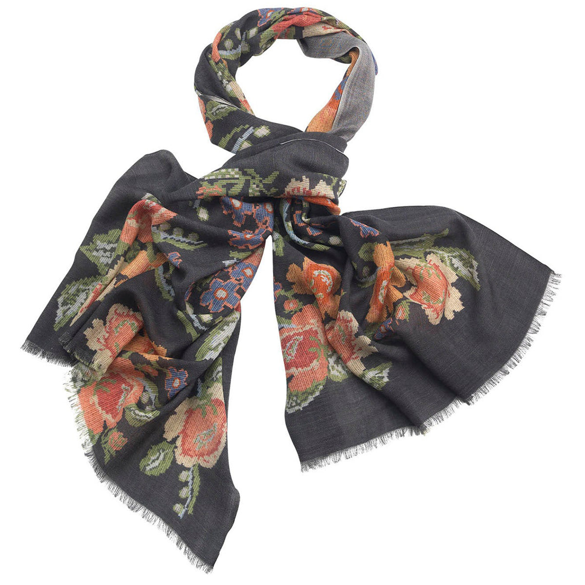 Woven Flower Black Wool Scarf