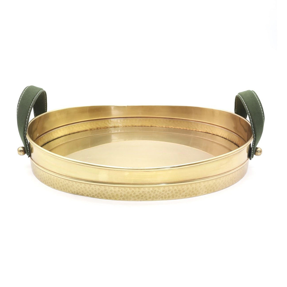 gold tray with green leather handles