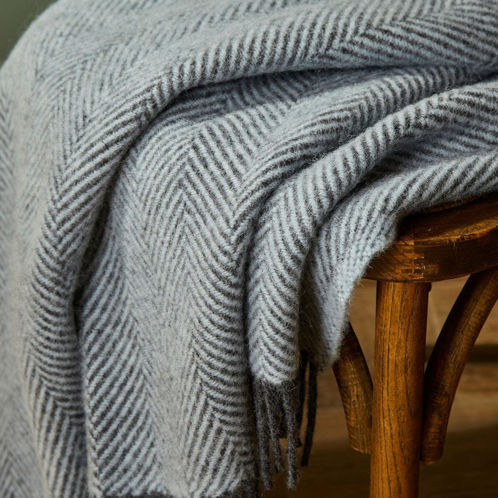 Powder Blue & Charcoal Herringbone Pure New Wool Knee Throw