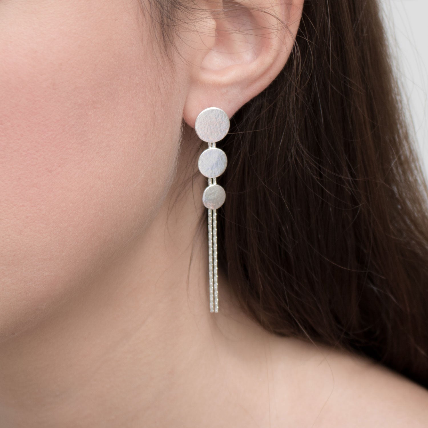 Paillette Silver Triple Disc Drop Earrings