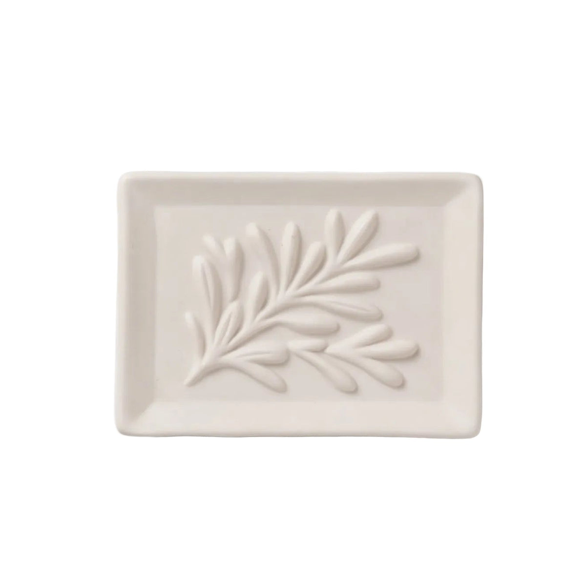 A small rectangular ceramic dish in a warm off-white or cream tone, featuring a raised leafy branch motif embossed in the center, set against a clean white background.