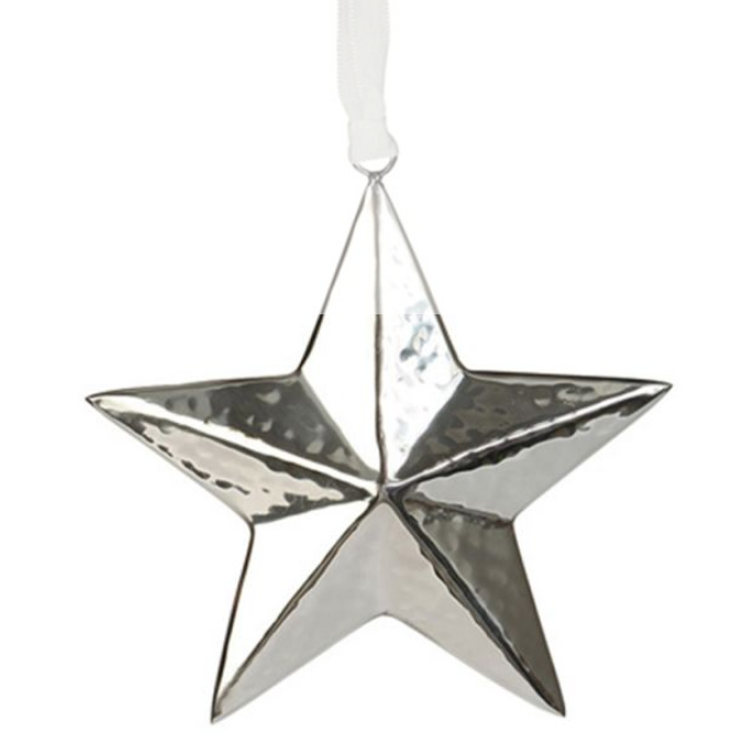 A hammered silver metal star-shaped Christmas ornament with a white hanging ribbon, shown against a plain white background.