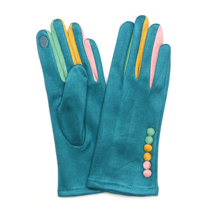 Teal gloves with colorful accents on a white background