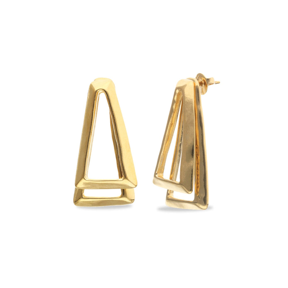 A pair of gold geometric dangle earrings with a triangular open-frame design, shown against a plain white background.