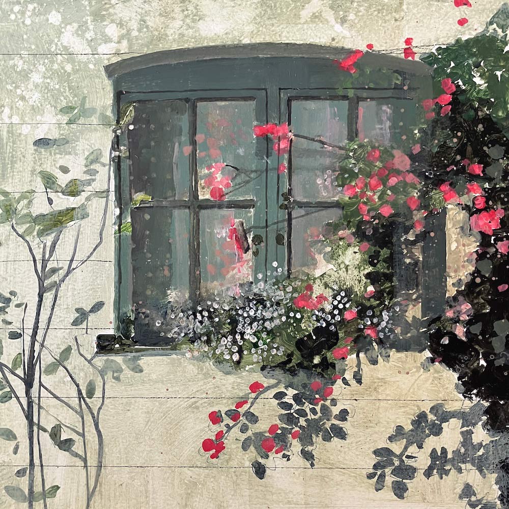 Cottage window with pink foliage 14.7.25 By Julian Sutherland-Beatson