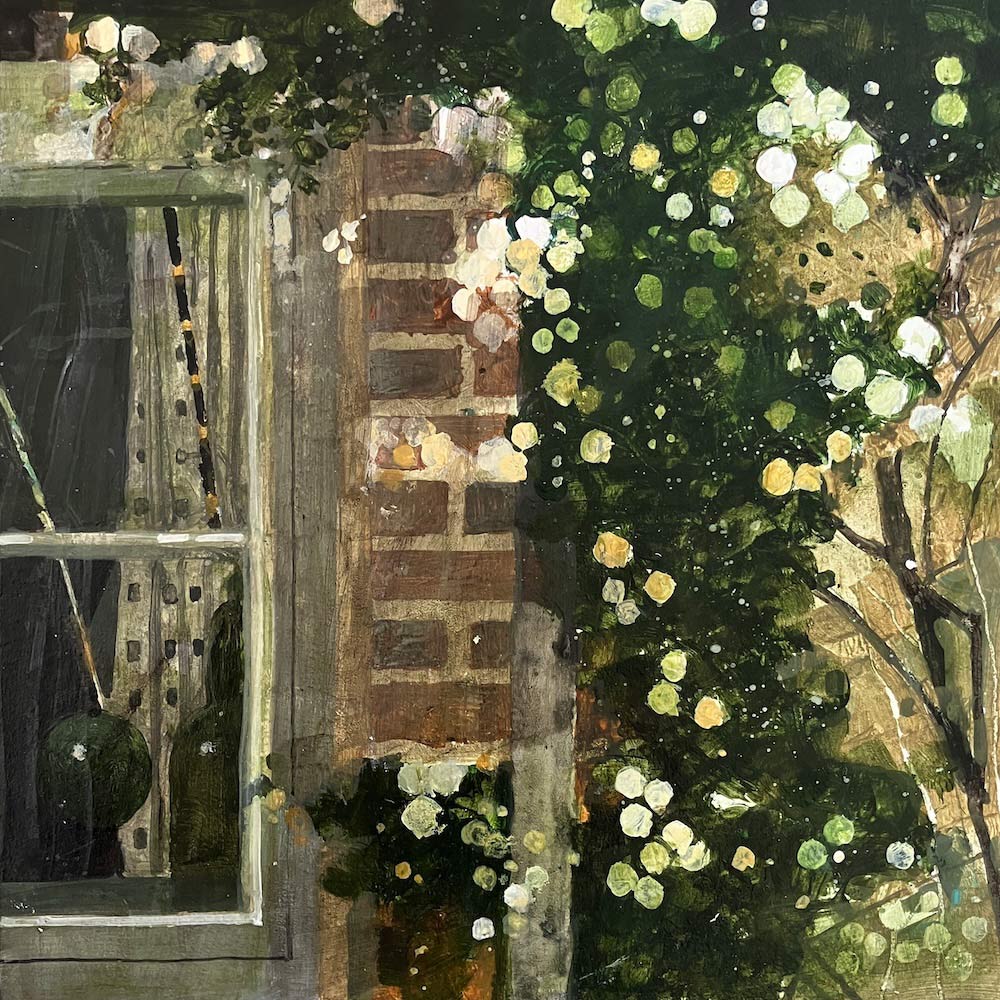 Cottage window with rambling rose 19.6.26 By Julian Sutherland-Beatson
