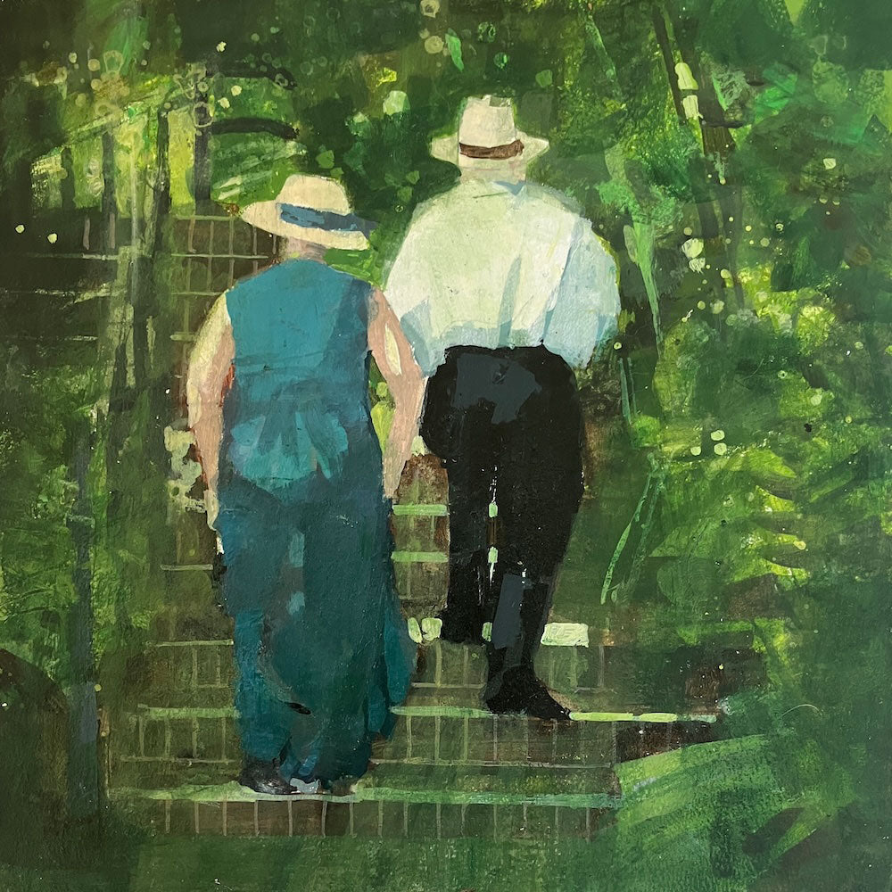 Couple in hats amongst foliage 4.8.26 By Julian Sutherland-Beatson