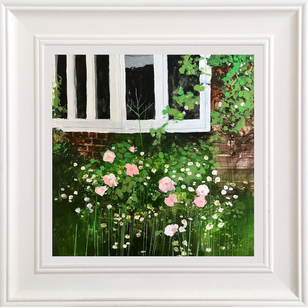 Cottage window with pink and white flowers