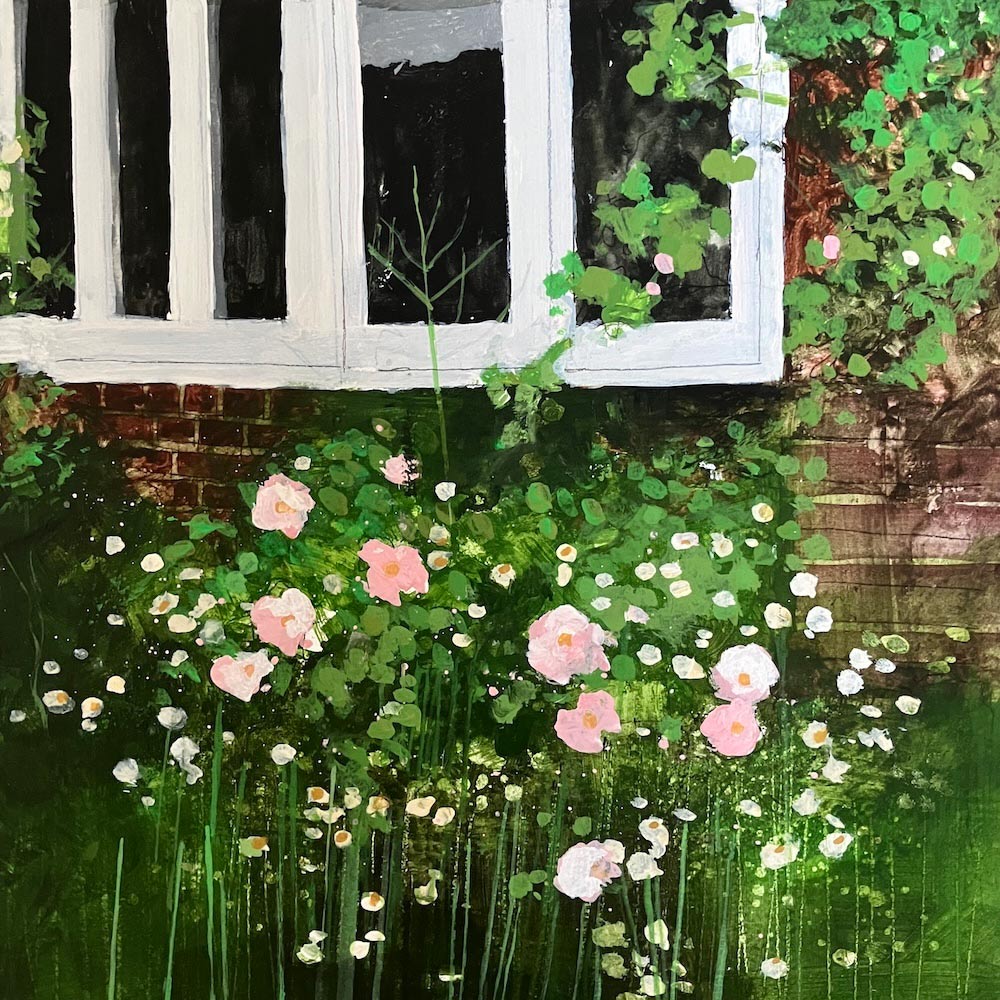 Cottage window with pink and white flowers