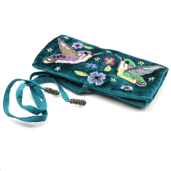 Teal Velvet Hummingbird Jewellery Roll