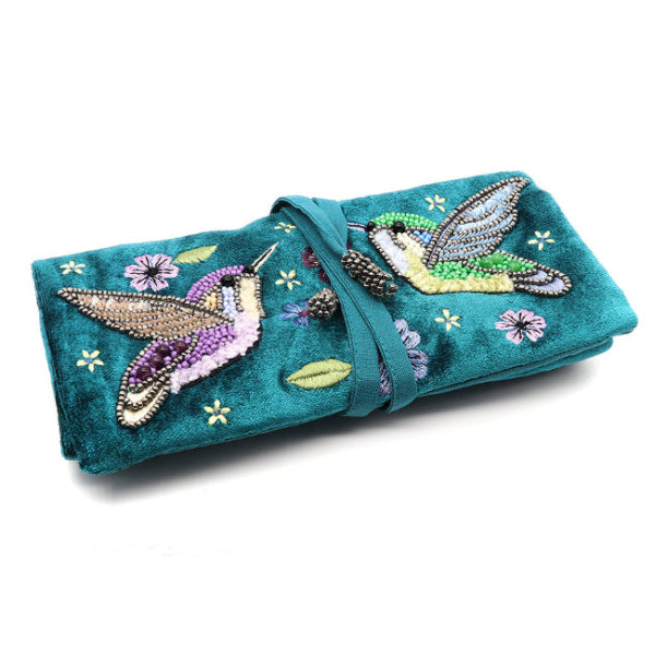 Teal Velvet Hummingbird Jewellery Roll