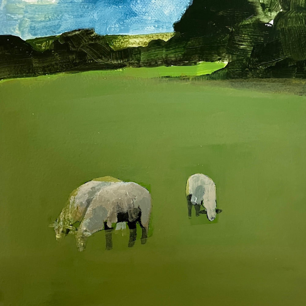Three sheep with downland beyond 9.7.25 By Julian Sutherland-Beatson