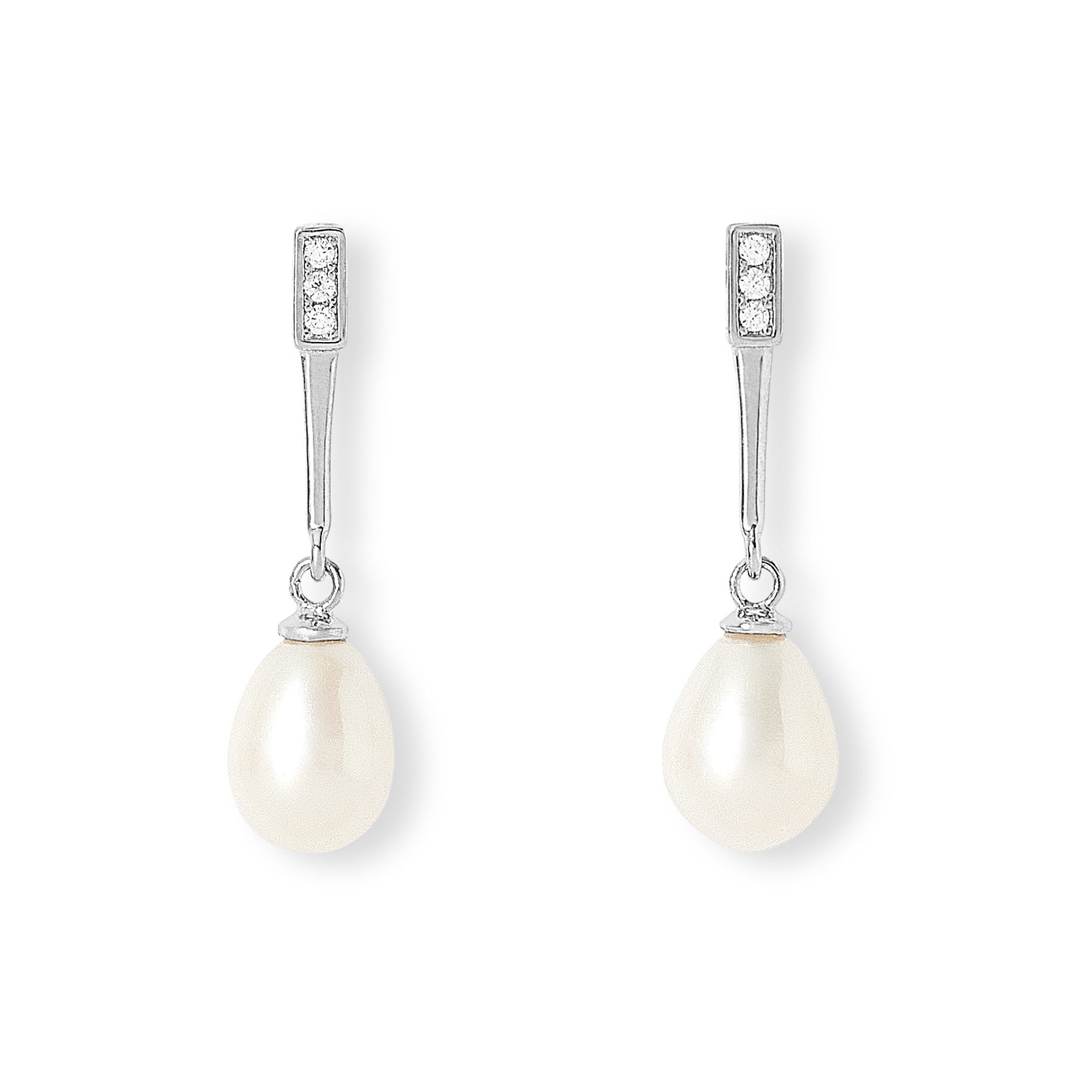 White Cultured Freshwater Pearls & Silver Bar Drop Earrings