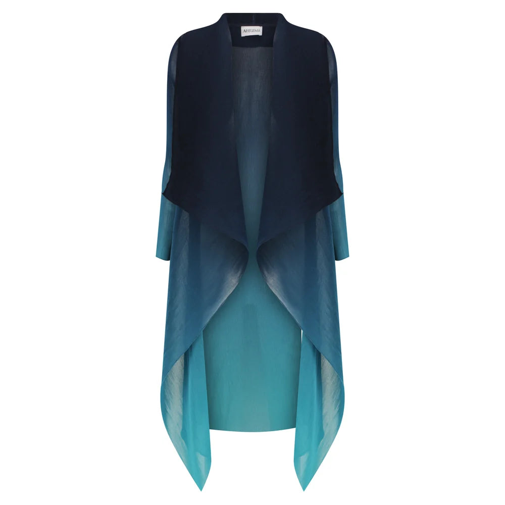 Navy Turquoise Pleated Waterfall Coat