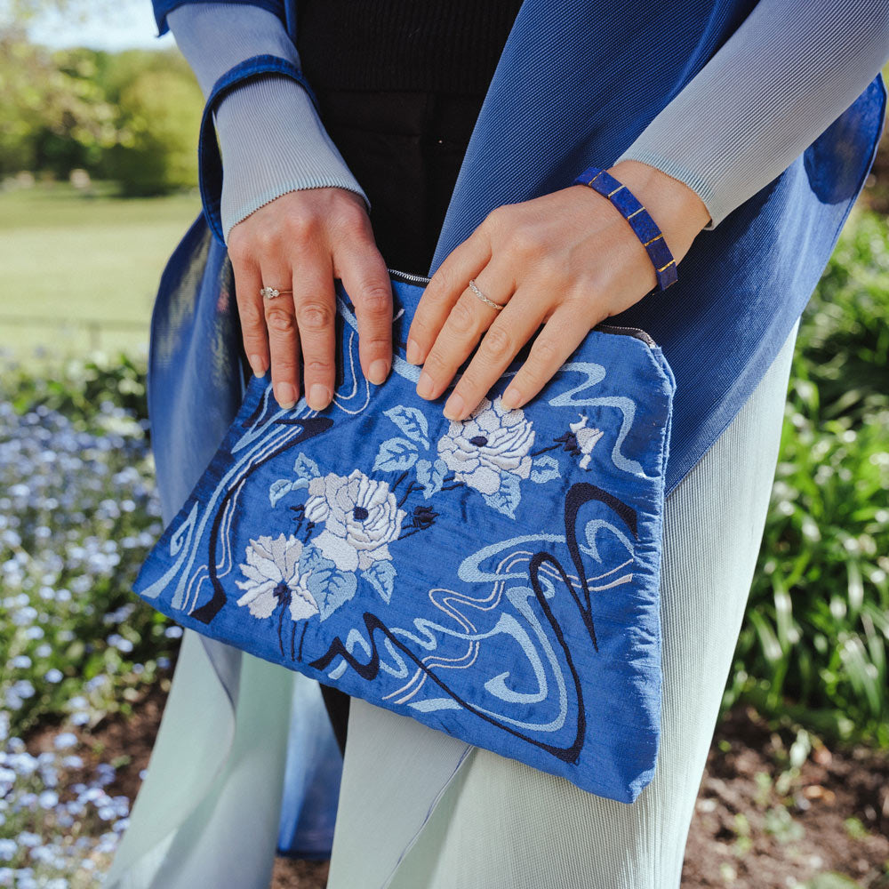 Floria Blue Embroidered Silk Clutch Bag