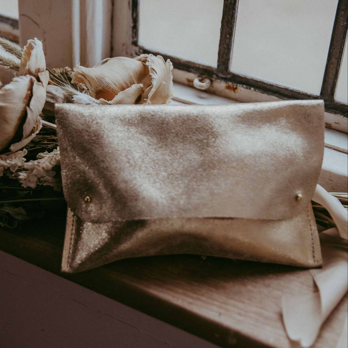 Gold Metallic Double Stud Leather Clutch Bag